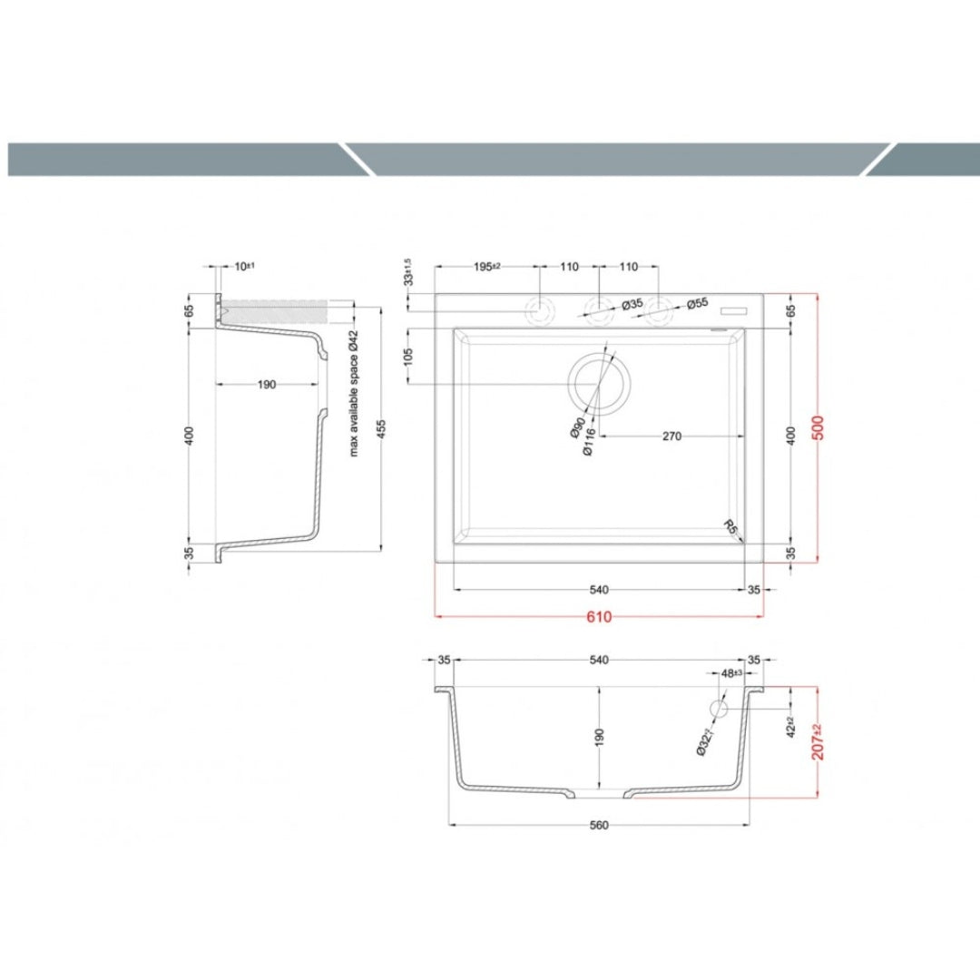 Elleci Quadra 110 LGQ11062 Lavello da Incasso 1 Vasca Sopratop Granitek Classic Bianco Antico cm. 61 x 50