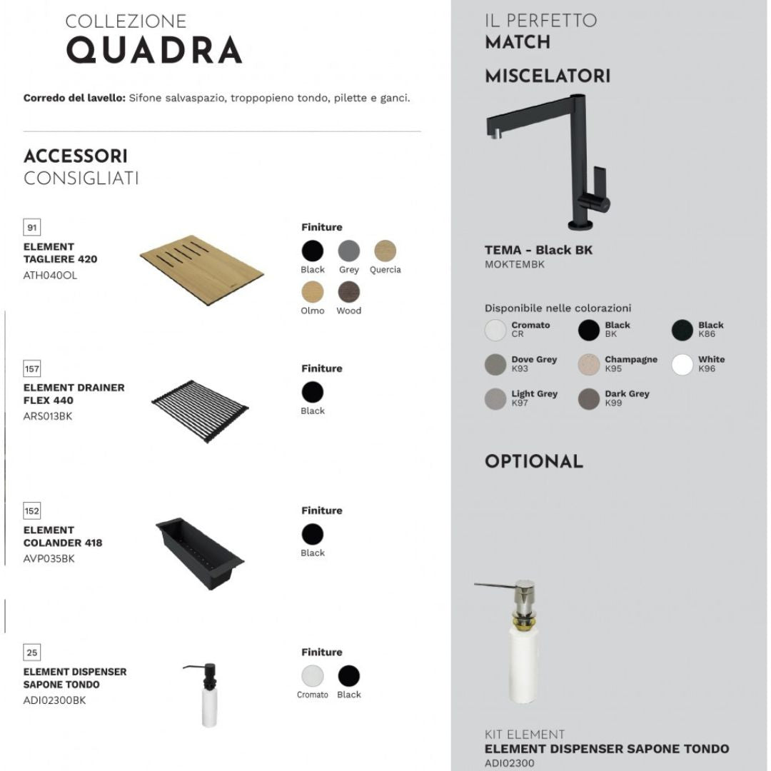 ELLECI QUADRA LGQ10559 Lavello Incasso Sopratop 1 Vasca Antracite cm. 57 x 50