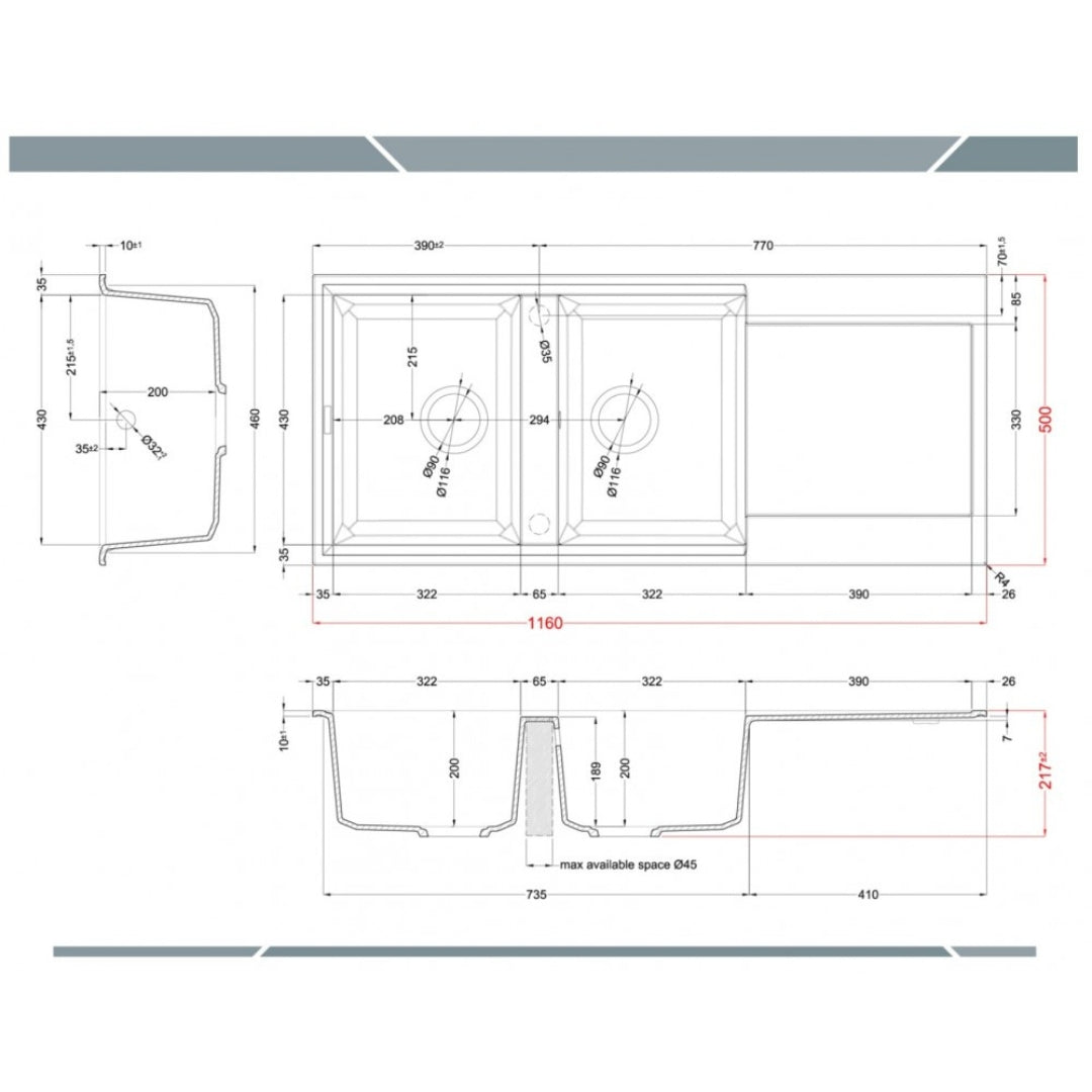 Elleci LGY50062 Easy 500 Lavello 2 Vasche con Gocciolatoio Reversibile Sopratop Granitek Bianco Antico cm. 116 x 50