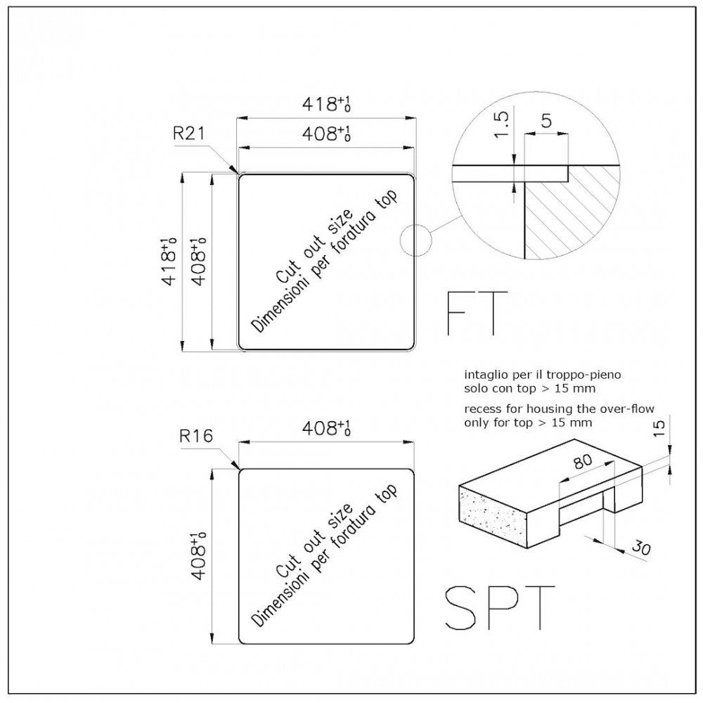 Foster Phantom 4340001 Lavello da Incasso Sopratop - Filotop 1 Vasca Acciaio Inox mm. 416 x 416