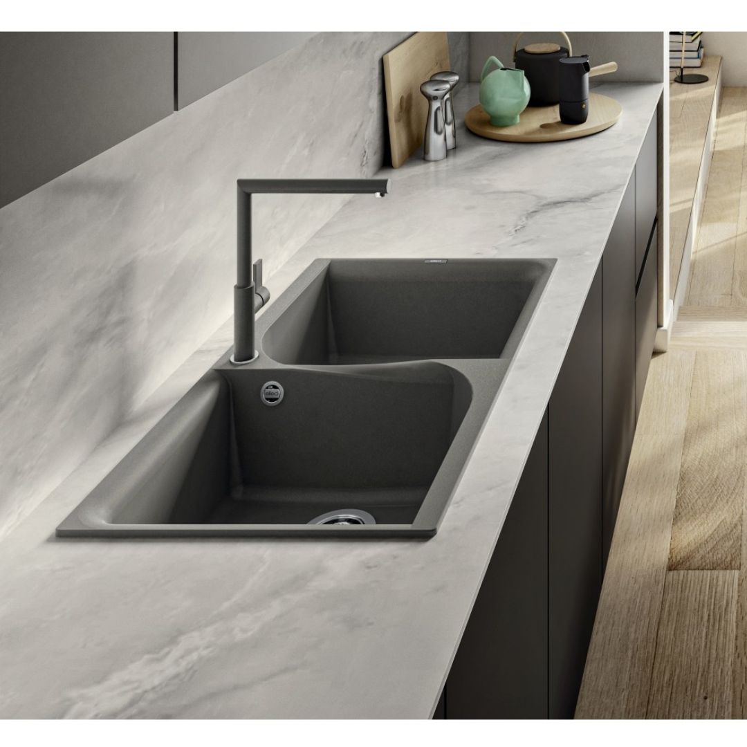 ELLECI EGO 400 LGE45059 Lavello Cucina 2 Vasche Sopratop Granitek Antracite cm. 86x50