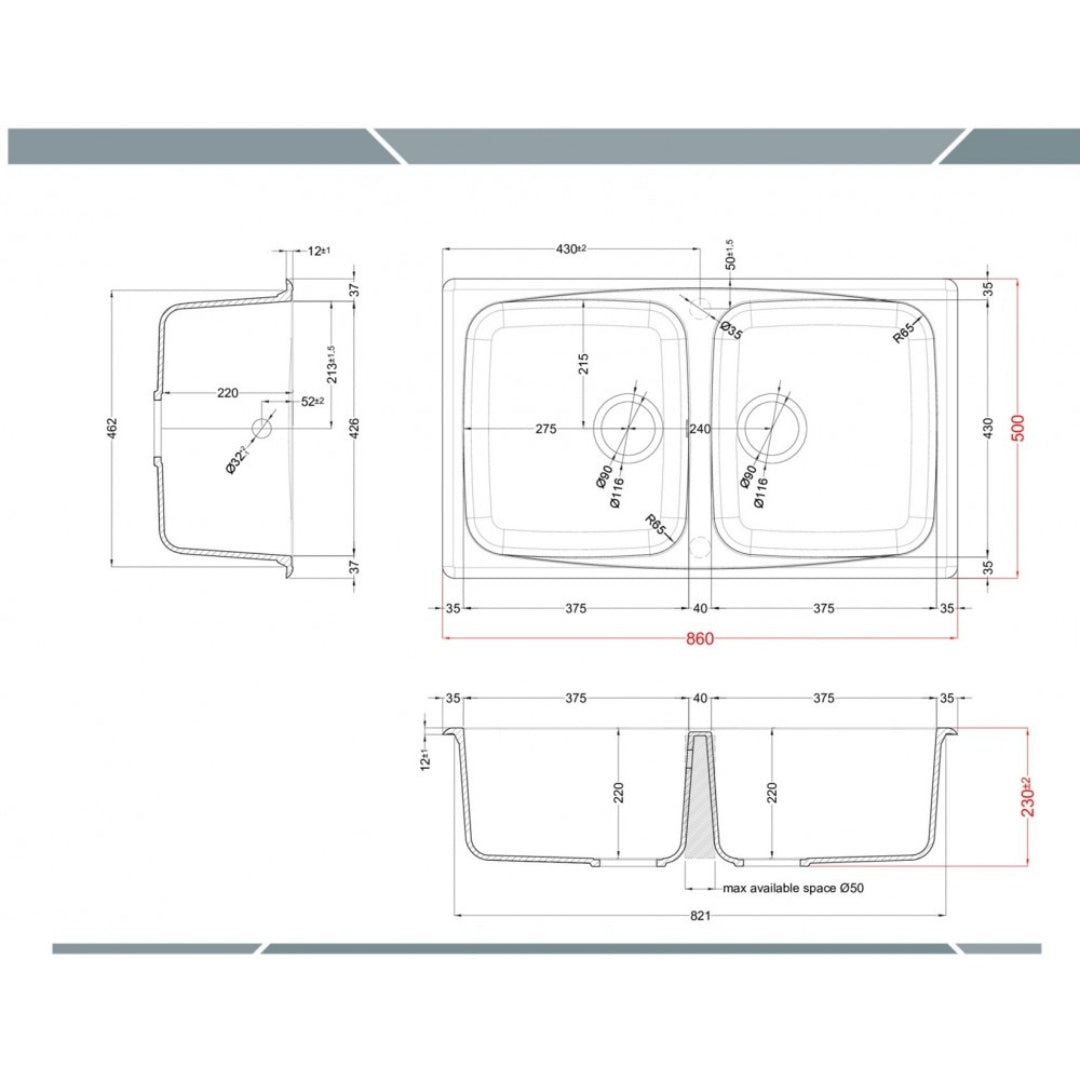 Elleci Master 450 LGM45062 Lavello 2 Vasche Reversibile Sopratop Granitek Bianco Antico cm. 86 x 50