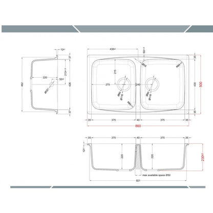 Elleci Master 450 LGM45062 Lavello 2 Vasche Reversibile Sopratop Granitek Bianco Antico cm. 86 x 50