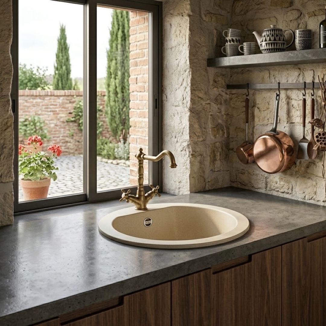 ELLECI LGFROU62 Lavello da Incasso 1 Vasca Circolare Sopratop Granitek Classic Bianco Antico 62 Diam. 45 cm