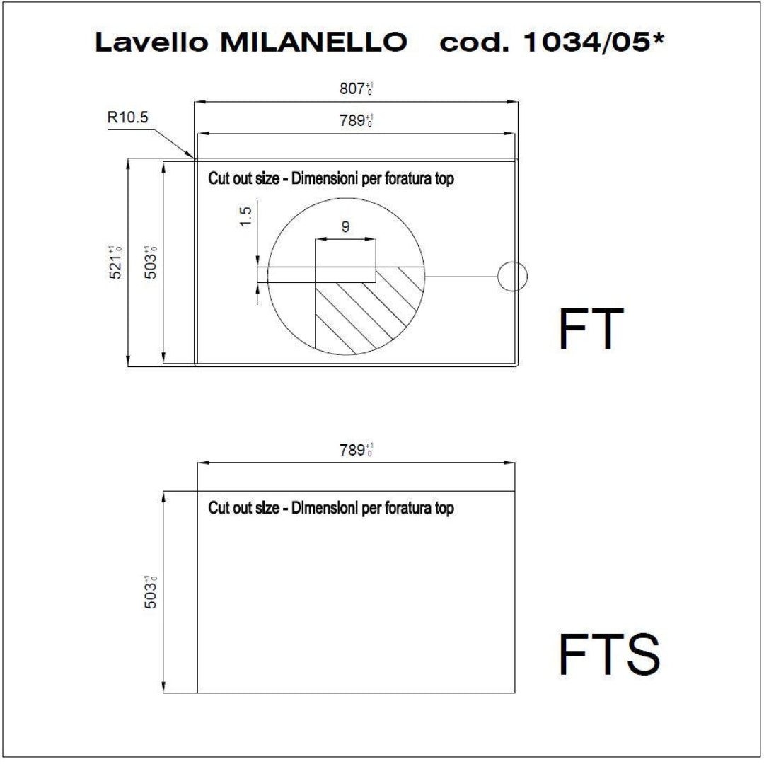 Foster Milanello Workstation 1034050 Lavello 1 Vasca Incasso Filotop Acciaio Inox Spazzolato mm. 806x520