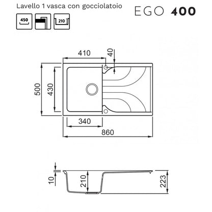 Elleci Ego 400 LGE40062 Lavello 1 Vasca con Gocciolatoio Reversibile Sopratop Granitek Bianco Antico cm. 86 x 50
