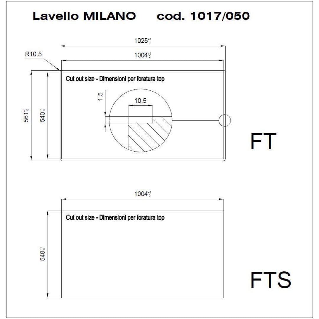 Foster Milano 1017050 Lavello 1 Vasca Incasso Filotop Acciaio Inox Spazzolato cm. 102 x 56