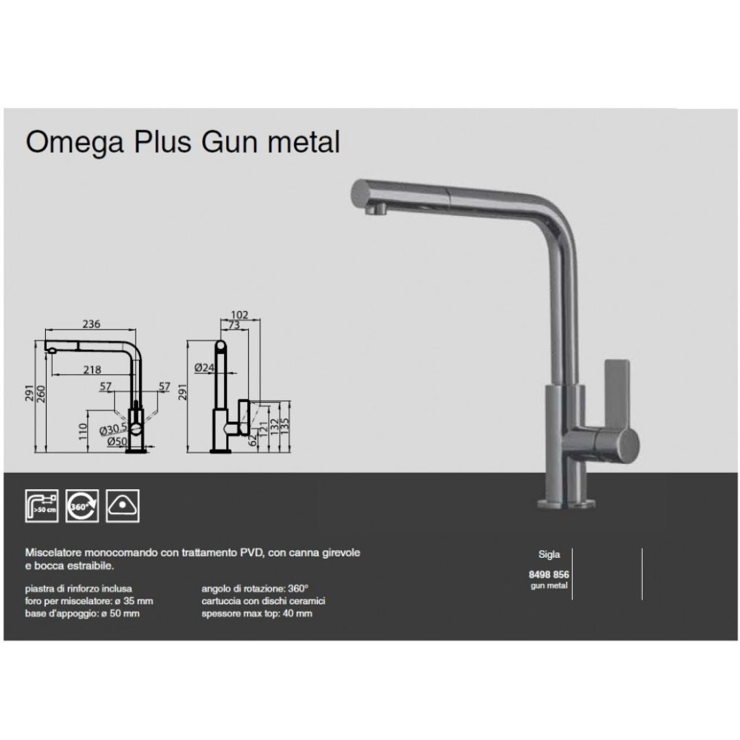 FOSTER OMEGA PLUS 8498 856 Miscelatore Monocomando Cucina Gun Metal con Canna Girevole e Bocca Estraibile PVD