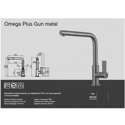 FOSTER OMEGA PLUS 8498 856 Miscelatore Monocomando Cucina Gun Metal con Canna Girevole e Bocca Estraibile PVD
