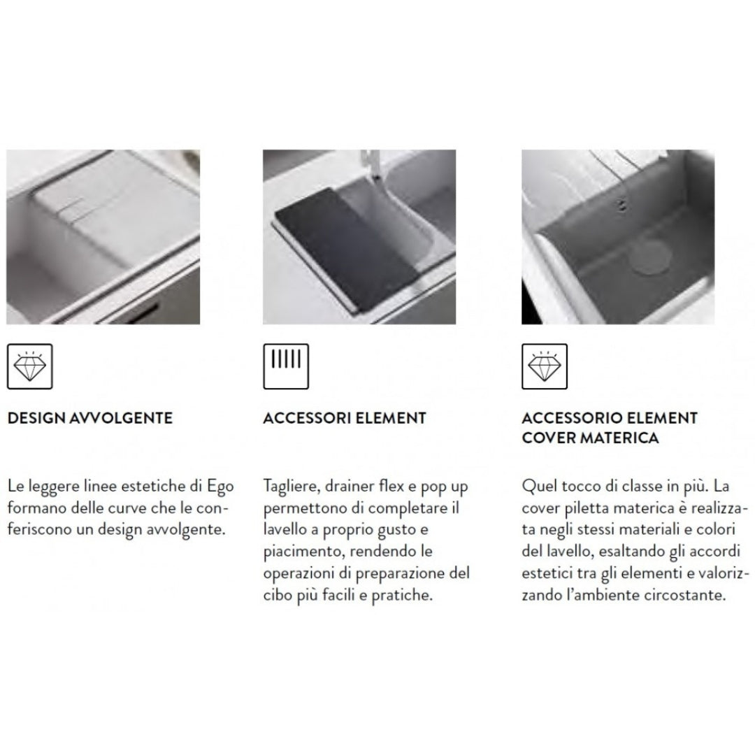 Elleci Ego 400 LGE40062 Lavello 1 Vasca con Gocciolatoio Reversibile Sopratop Granitek Bianco Antico cm. 86 x 50