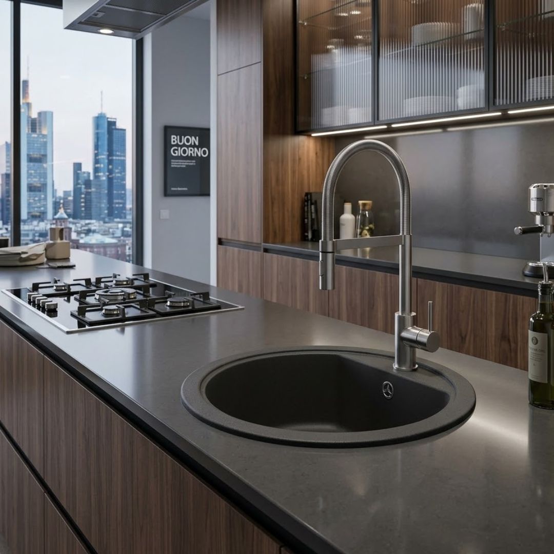 ELLECI LGFROU40 Lavello da Incasso 1 Vasca Circolare Monovasca Sopratop Diam. 45 cm Granitek Nero 40
