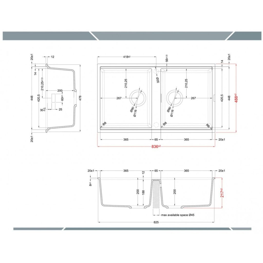 ELLECI BEST 450 LGB45059BSO Lavello 2 Vasche Sottotop Granitek Antracite 59 cm. 84 x 49