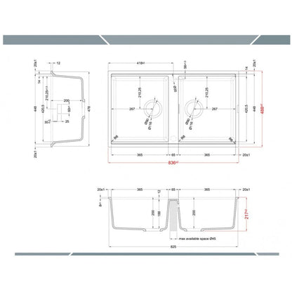 ELLECI BEST 450 LGB45059BSO Lavello 2 Vasche Sottotop Granitek Antracite 59 cm. 84 x 49
