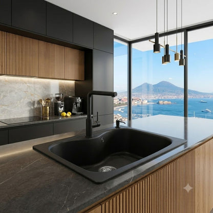 ELLECI FOX 200 LGF20040 Lavello da Incasso 1 Vasca Sopratop Granitek Nero mm. 584 x 504