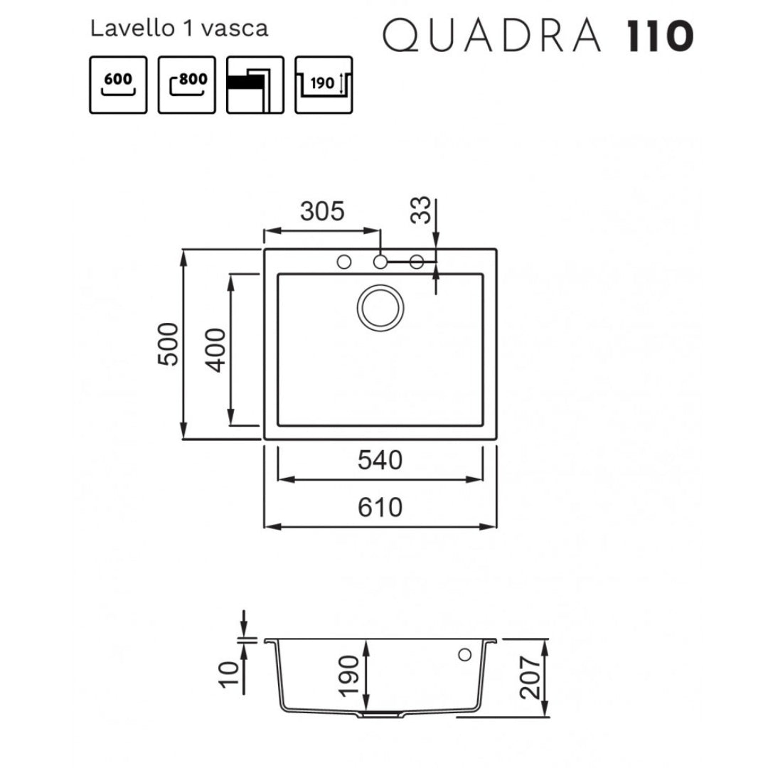 Elleci Quadra 110 LKQ11087 Lavello da Incasso Sopratop Monovasca Keratek Cocoa cm. 61 x 50