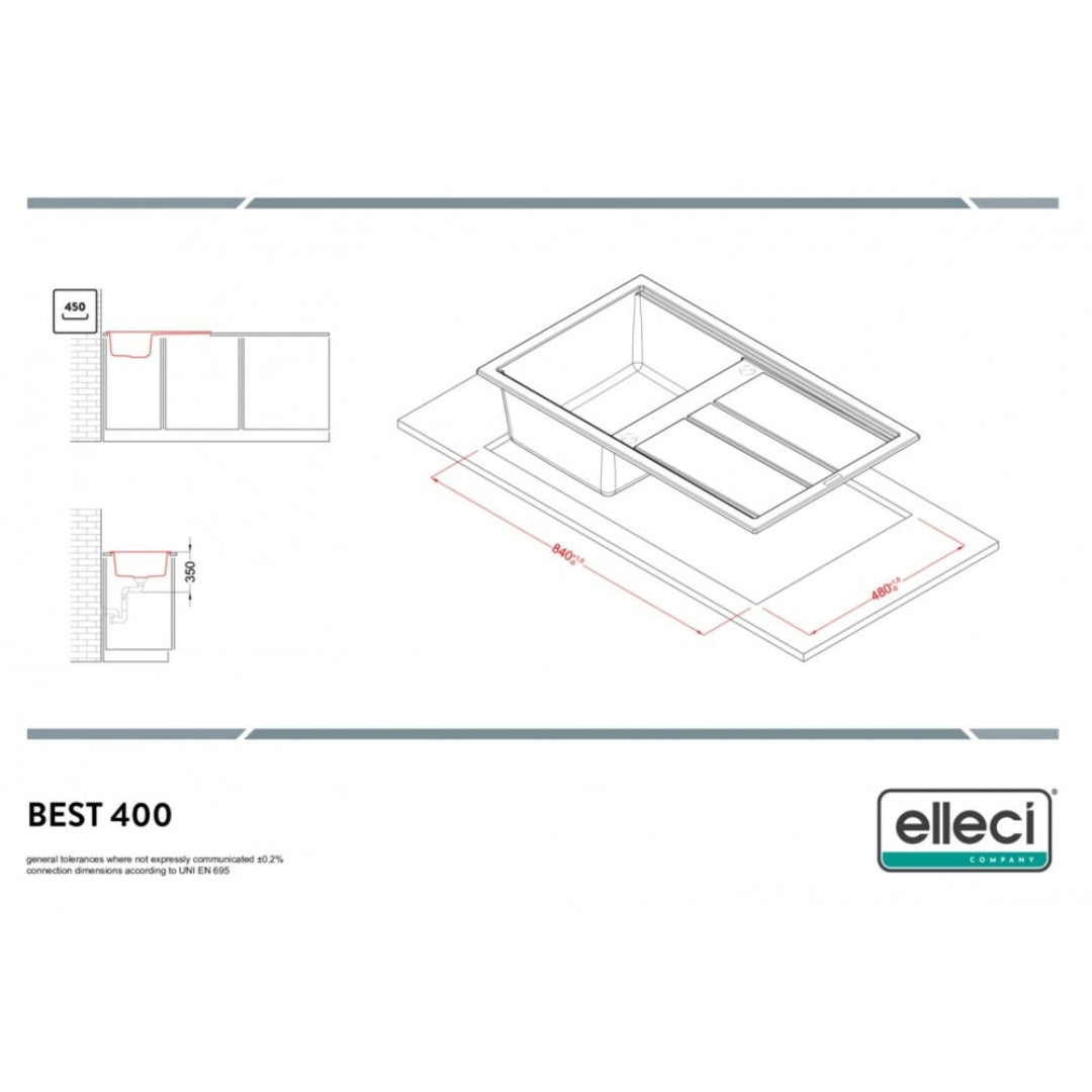 Elleci Best 400 LKB40096 Lavello 1 Vasca con Gocciolatoio Reversibile Sopratop Keratek Bianco Kera cm. 86 x 51