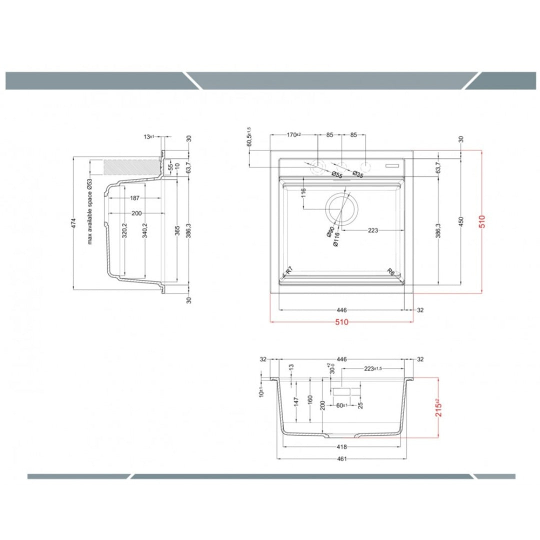 ELLECI BEST LGB10459 Lavello Incasso 1 Vasca Incasso Sopratop Antracite cm. 51 x 51