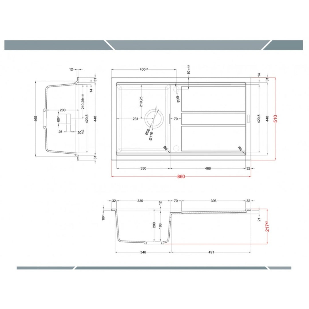 Elleci Best 400 LKB40096 Lavello 1 Vasca con Gocciolatoio Reversibile Sopratop Keratek Bianco Kera cm. 86 x 51