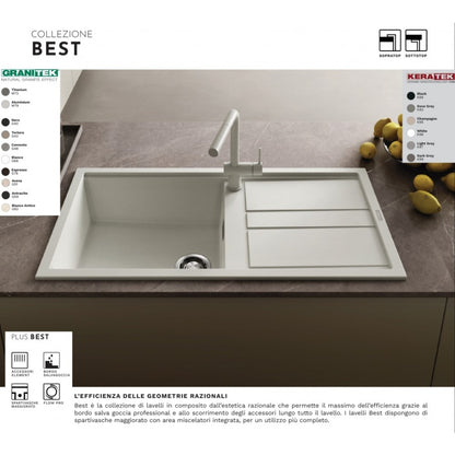 Elleci Best 400 LKB40096 Lavello 1 Vasca con Gocciolatoio Reversibile Sopratop Keratek Bianco Kera cm. 86 x 51