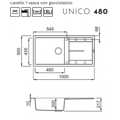 ELLECI UNICO 480 LGU48059 Lavello 1 Vasca con Gocciolatoio Reversibile Sopratop Granitek Antracite cm. 100 x 50