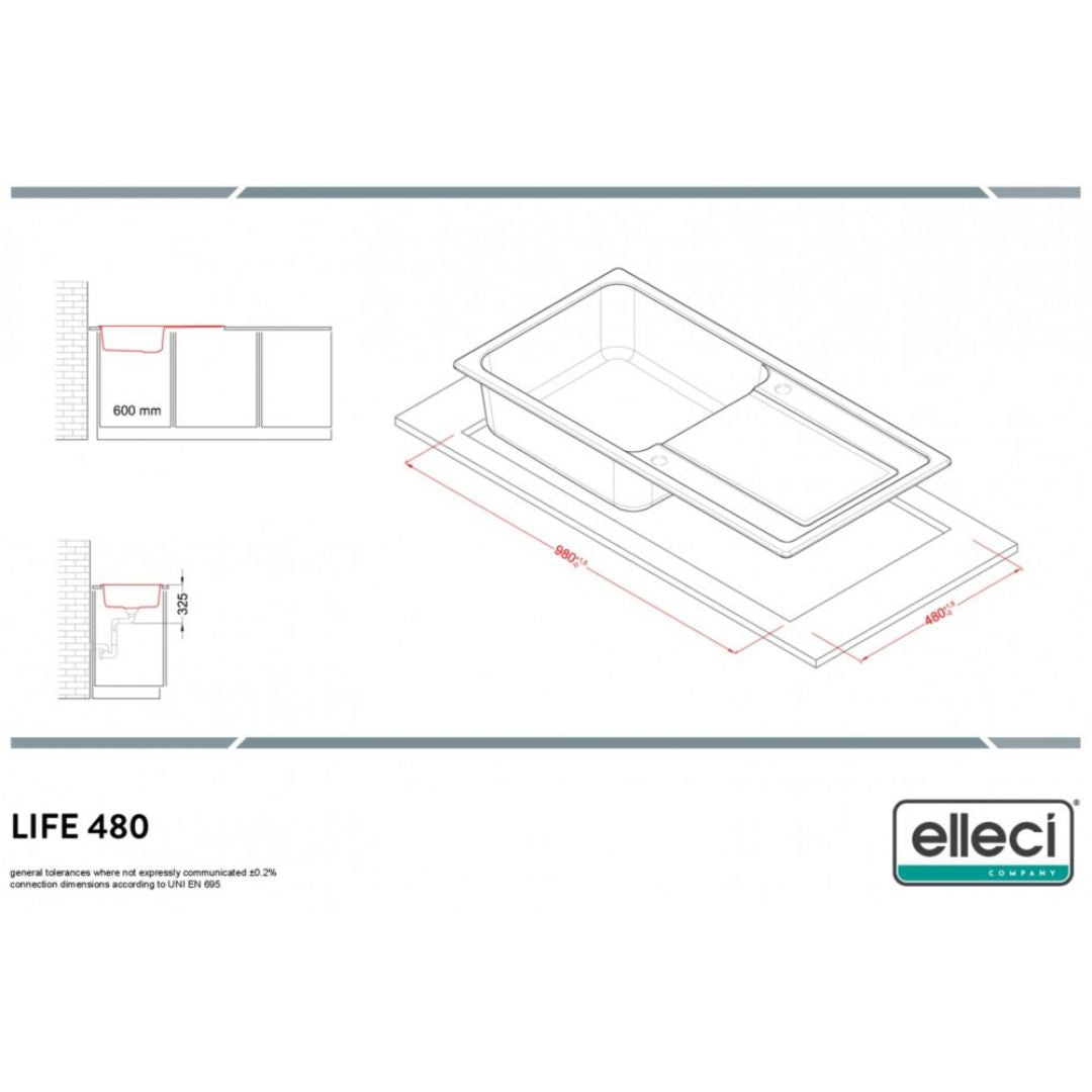 ELLECI LIFE 480 LG248059 Lavello Incasso 1 Vasca con Gocciolatoio Reversibile Granitek Nero cm. 100 x 50