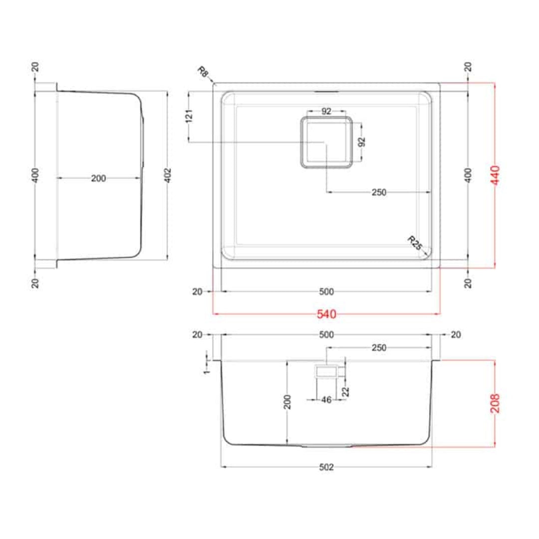 ELLECI LIW500SACMU W-Square 500 Lavello 1 Vasca Acciaio Inox Satinato cm. 54 x 44