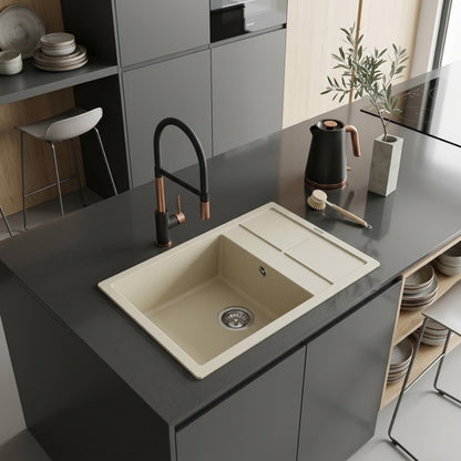 Elleci Unico 125 LGU12562 Lavello 1 Vasca con Gocciolatoio Reversibile Sopratop Granitek Bianco Antico cm. 65 x 50
