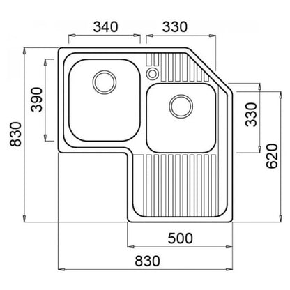 ELLECI LIKCORSACDX Lavello Angolo 2 Vasche Gocciolatoio Sinistra Inox Satinato cm. 83 x 83