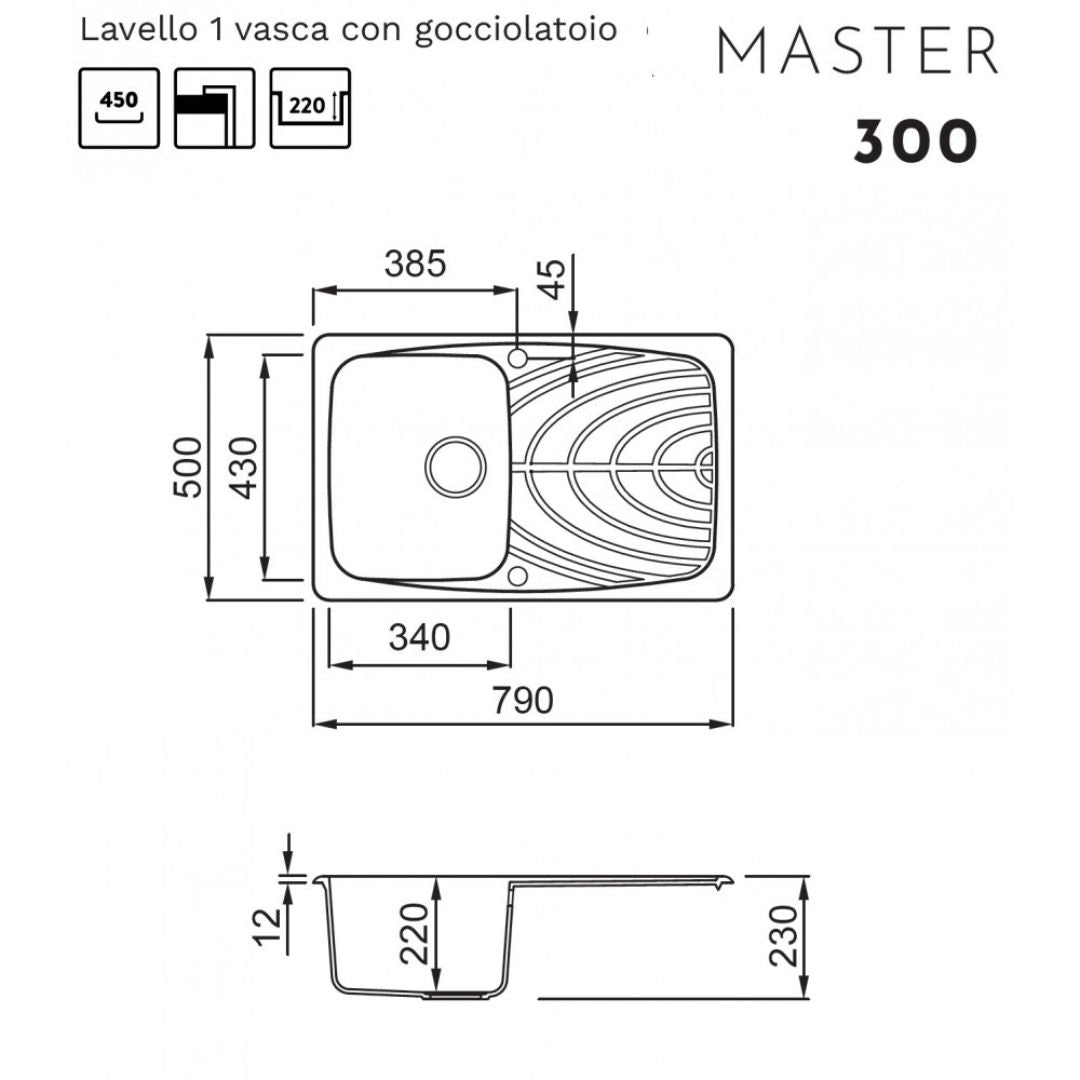 ELLECI MASTER LGM30051 Lavello 1 Vasca con Gocciolatoio Reversibile Sopratop Granitek Avena 51 cm. 79 x 50