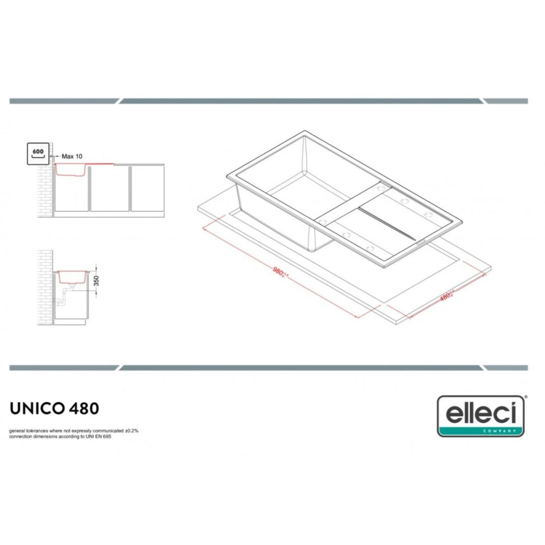 ELLECI UNICO 480 LGU48059 Lavello 1 Vasca con Gocciolatoio Reversibile Sopratop Granitek Antracite cm. 100 x 50