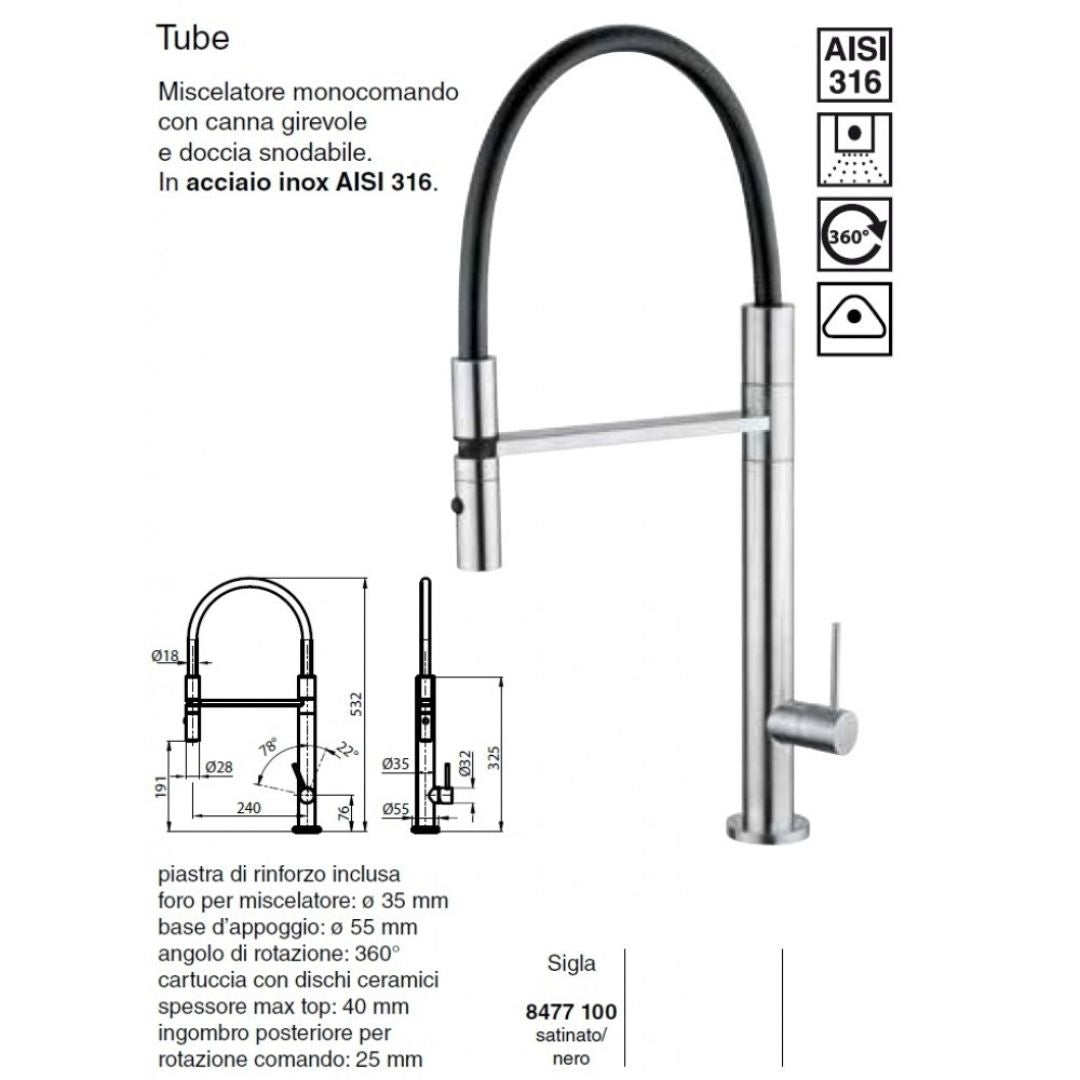FOSTER MARINE TUBE 8477100 Miscelatore Monocomando Cucina in Acciaio Inox AISI 316 Satinato con Canna Girevole e Doccia Snodabile