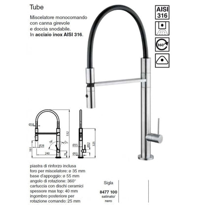 FOSTER MARINE TUBE 8477100 Miscelatore Monocomando Cucina in Acciaio Inox AISI 316 Satinato con Canna Girevole e Doccia Snodabile