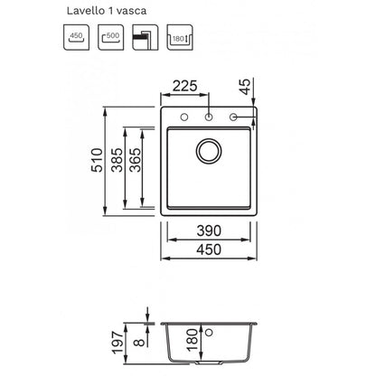 Elleci Time 102 LG210268 Lavello da Incasso 1 Vasca Sopratop Granitek Matt Bianco 68 cm. 45 x 51