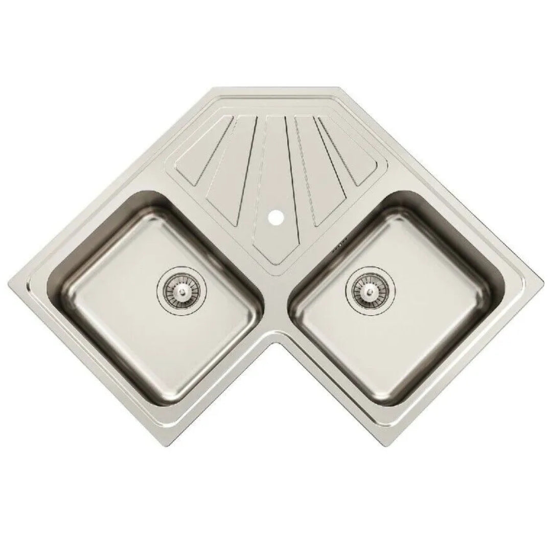 Foster Angolare 3303060 Lavello Angolo 2 Vasche Inox Spazzolato Gocciolatoio al Centro cm. 83 x 83