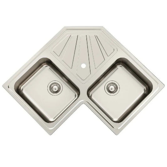 Foster Angolare 3303060 Lavello Angolo 2 Vasche Inox Spazzolato Gocciolatoio al Centro cm. 83 x 83