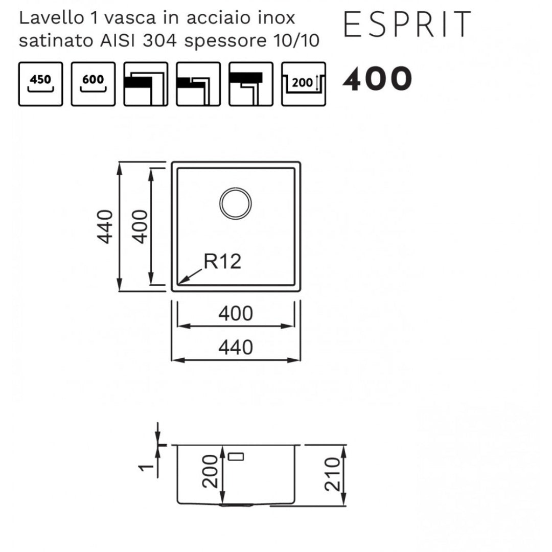 ELLECI LIE400SAC Esprit 400 Lavello da Incasso 1 Vasca Inox Satinato cm. 44 x 44