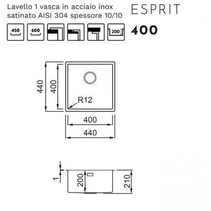 ELLECI LIE400SAC Esprit 400 Lavello da Incasso 1 Vasca Inox Satinato cm. 44 x 44