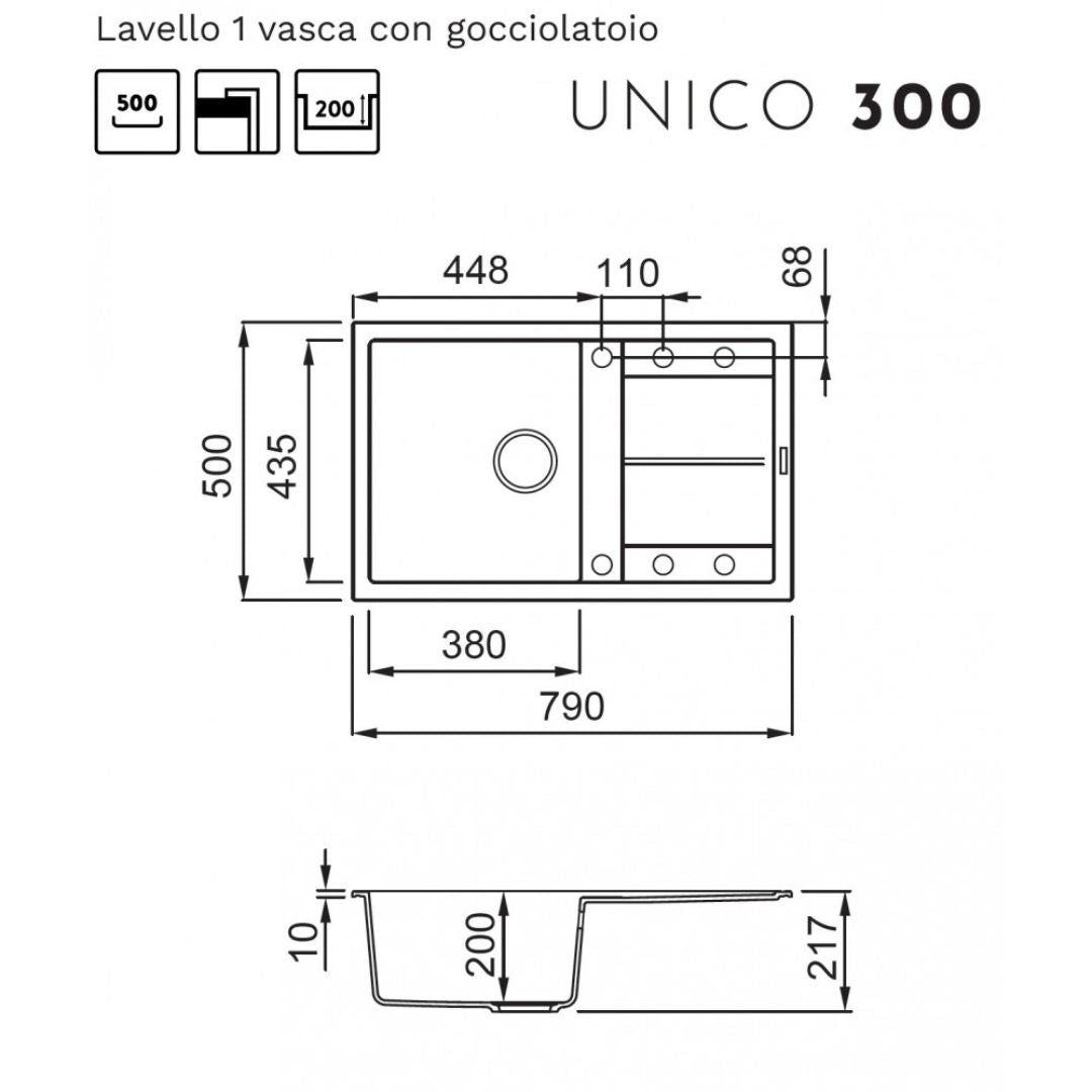 ELLECI UNICO 300 LGU30051 Lavello 1 Vasca con Gocciolatoio Reversibile Sopratop Granitek Avena 51 cm. 79 x 50
