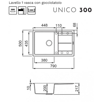 ELLECI UNICO 300 LGU30051 Lavello 1 Vasca con Gocciolatoio Reversibile Sopratop Granitek Avena 51 cm. 79 x 50