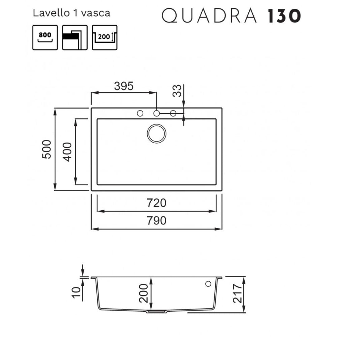 ELLECI QUADRA 130 LGQ13051 Lavello da Incasso 1 Vasca Sopratop Granitek Avena 51 cm. 79 x 50