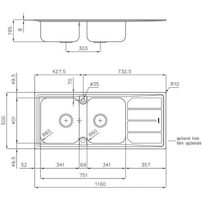 FOSTER ELETTRA 5812062 Lavello 2 Vasche Sinistra Incasso Standard Gocciolatoio Inox cm. 116 x 50