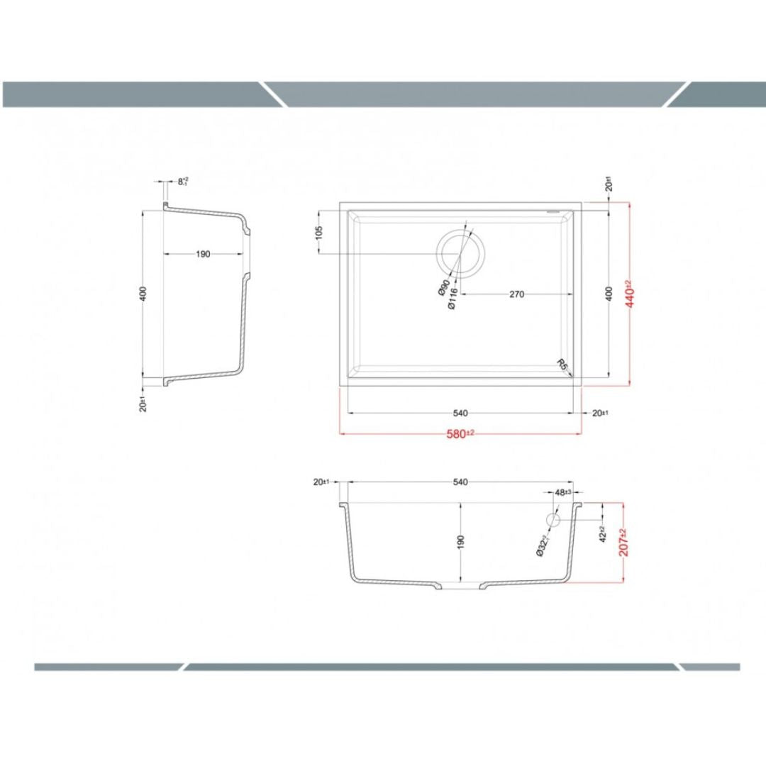 ELLECI QUADRA 110 LGQ11059BSO Lavello da Incasso 1 Vasca Sottotop Granitek Antracite 59 cm. 58 x 44