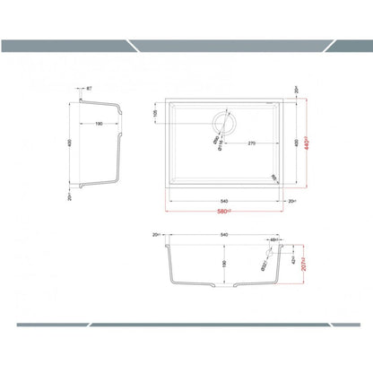 ELLECI QUADRA 110 LGQ11059BSO Lavello da Incasso 1 Vasca Sottotop Granitek Antracite 59 cm. 58 x 44