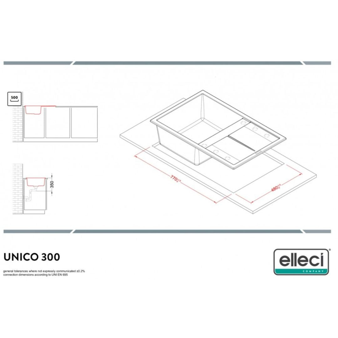 ELLECI UNICO 300 LGU30051 Lavello 1 Vasca con Gocciolatoio Reversibile Sopratop Granitek Avena 51 cm. 79 x 50