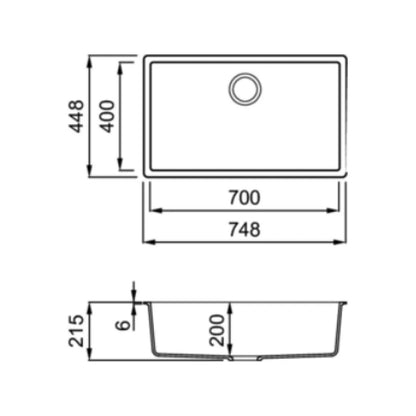 ELLECI ZEN-F 130 LKZ13086F01BKM Lavello 1 Vasca Filotop Nero Keratek cm. 75x45