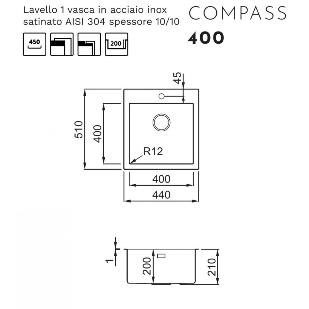 ELLECI COMPASS LIM400SAC Lavello Incasso 1 Vasca Inox Satinato Flat e Filotop cm 44 x 51