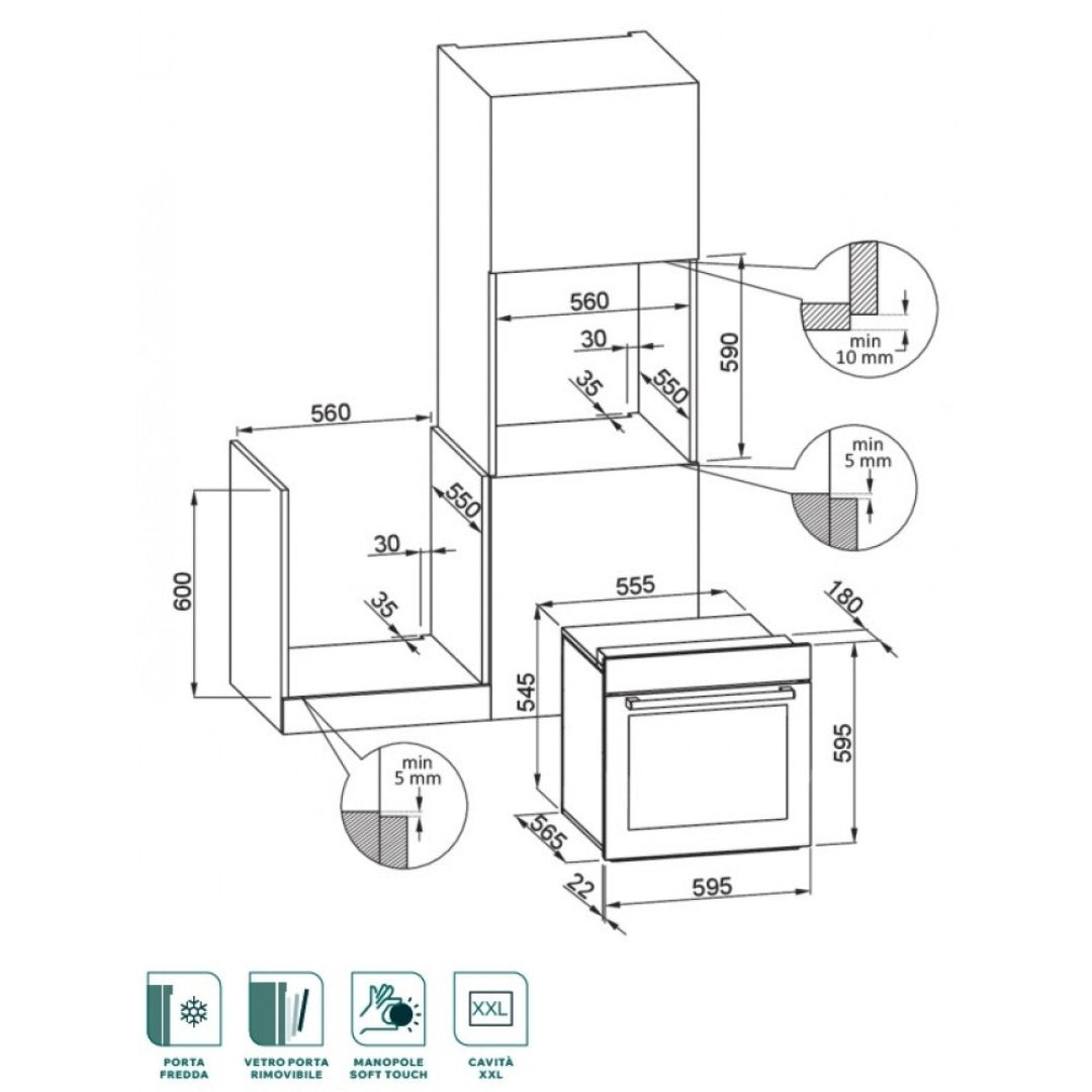 ELLECI FVUR601BKNB Forno Elettrico Ventilato Incasso Grill A Nero 80 Lt cm 60 x 60
