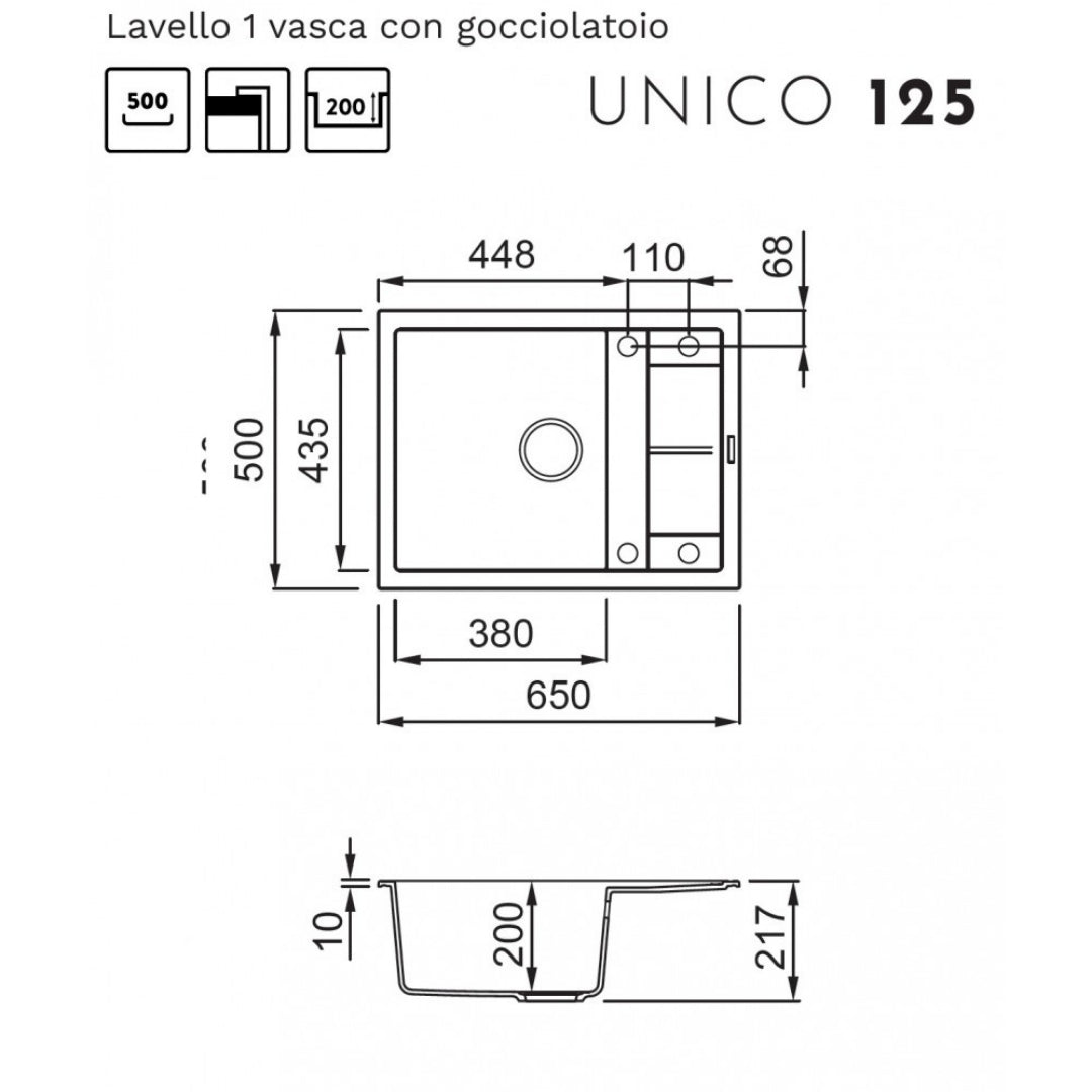 Elleci Unico 125 LGU12562 Lavello 1 Vasca con Gocciolatoio Reversibile Sopratop Granitek Bianco Antico cm. 65 x 50