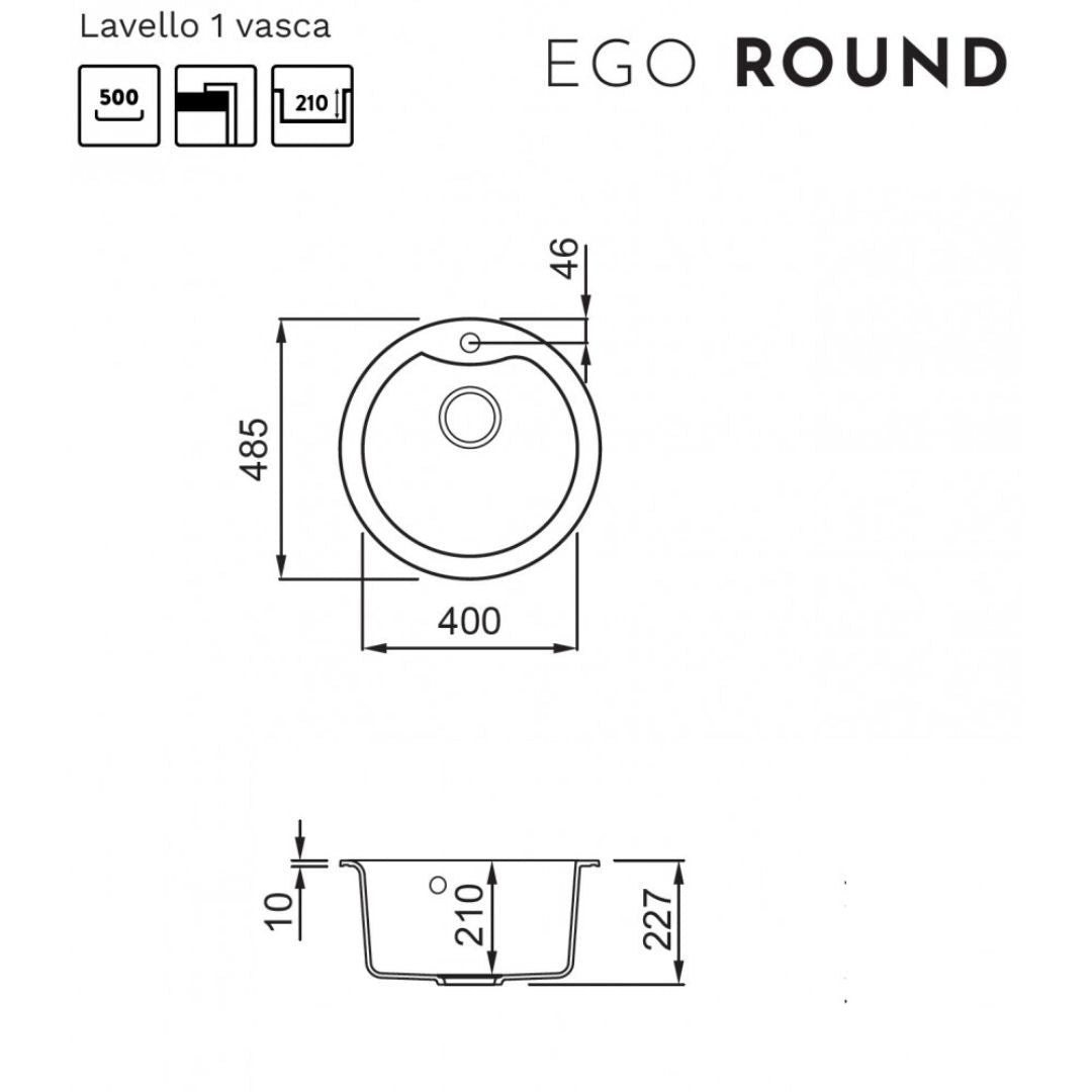 ELLECI EGO ROUND LGEROU59 Lavello 1 Vasca Circolare Incasso Sopratop Granitek Antracite 59 Diam. 485 mm