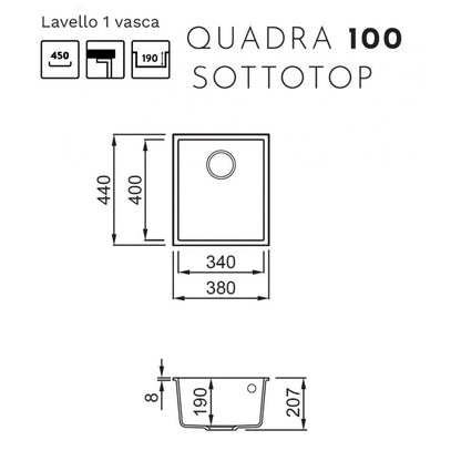 ELLECI QUADRA LGQ10051BSO Lavello Incasso 1 Vasca Sottotop Granitek Avena cm. 38×44